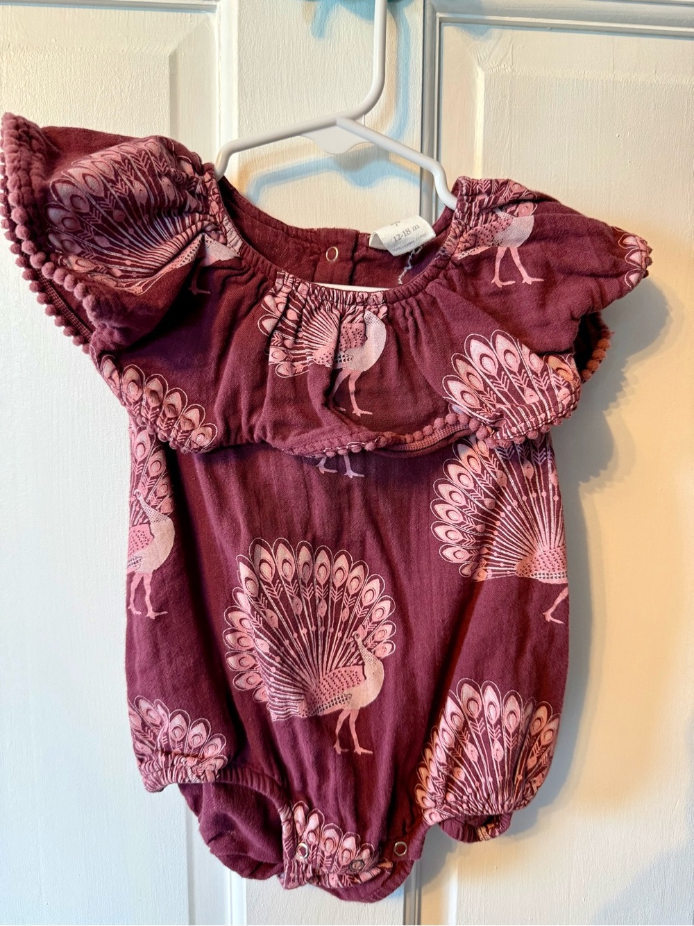 Kate Quinn Mauve Peacock Print Ruffle Romper 12-18 Months